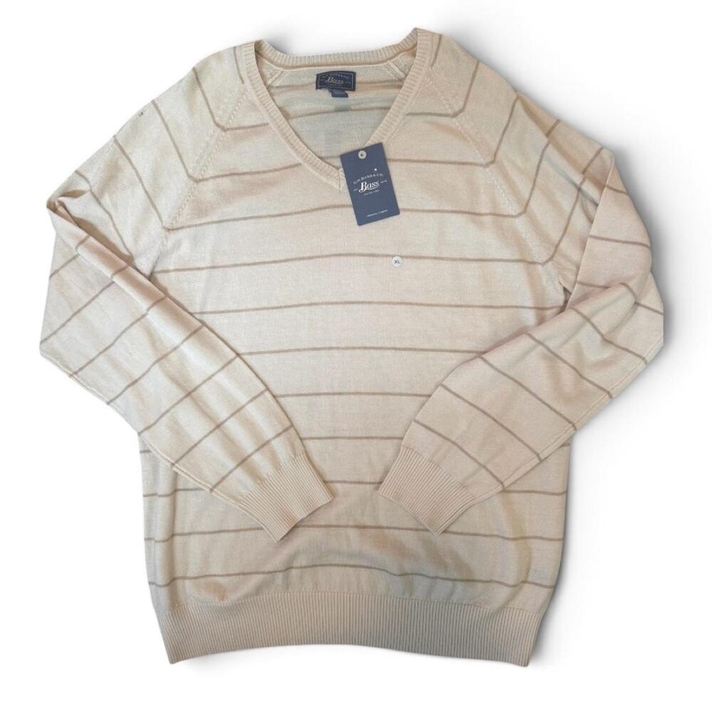 G.H. Bass & Co Merino Wool V-Neck Sweater XL NWT Beige Striped 100% Merino Wool